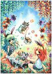  animal_ears bubble bunny_ears cat emperpep flower green_hair multiple_girls non-web_source orange_hair 