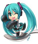  aqua_eyes aqua_hair chibi detached_sleeves full_body hatsune_miku headset kriss_sison long_hair minigirl one_eye_closed open_mouth skirt sleeves_past_wrists smile solo spoon tattoo transparent_background twintails very_long_hair vocaloid 