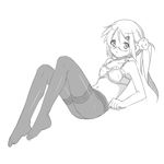  :&lt; bra female flat_chest frown glasses hatsunatsu long_hair lying monochrome navel original pantyhose ponytail side_ponytail sketch underwear 