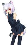  animal_ears bare_shoulders black_dress cat_ears cat_tail dress elbow_gloves finger_to_mouth gloves hand_on_thigh highres leaning_forward original piyodera_mucha red_eyes short_hair sleeveless sleeveless_turtleneck smile solo tail thighhighs turtleneck white_background white_hair 