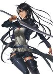  belt black_hair black_legwear boots breasts cleavage cropped_jacket justminor long_hair medium_breasts original parted_lips red_eyes skirt slit_pupils solo sword thigh_boots thighhighs very_long_hair weapon zettai_ryouiki 