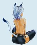 animal_ears ass ass_cutout back black_legwear cat_ears doraeshi final_fantasy final_fantasy_xi from_behind indian_style mithra sitting solo tail tail_through_clothes thighhighs topless white_hair 