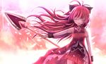  bare_shoulders closed_eyes detached_sleeves floating_hair long_hair magical_girl mahou_shoujo_madoka_magica non_(nobu) outstretched_arm polearm ponytail red_hair sakura_kyouko smile solo spear weapon 