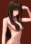  atam black_eyes breasts brown_hair censored convenient_censoring flexing hair_censor hair_over_breasts large_breasts long_hair navel nude original pose solo 