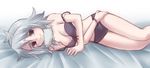  bare_shoulders blue_eyes blush bra breasts cleavage eyebrows female fubuki_shirou genderswap gradient gradient_background inazuma_eleven inazuma_eleven_(series) lingerie lying navel off_shoulder panties short_hair simple_background smile solo underwear white_hair 