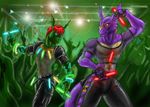  blacklight blue_eyes club dancing dragon gay glow glowing_eyes glowstick leather lizard looking_at_each_other male rave raver red_eyes red_hair scalie unknown_artist 