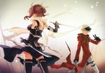  1girl absurdres back belt breasts brown_hair dress dual_wielding elbow_gloves from_behind glasses gloves h2so4 hands hat highres holding jacket knife medium_breasts original reverse_grip scarf short_hair skirt sword thighhighs v weapon wind zettai_ryouiki 