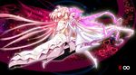  absurdres bow crossover dress elbow_gloves eyelashes gloves hair_bow heartcatch_precure! highres infinity kaname_madoka long_hair look-alike magical_girl mahou_shoujo_madoka_magica mugen_silhouette multiple_girls pink_hair precure sirills smile space spoilers thighhighs trait_connection twintails two_side_up ultimate_madoka very_long_hair white_gloves yellow_eyes 