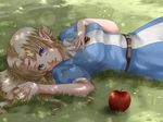  apple blonde_hair blue_eyes dappled_sunlight earrings face food fruit hands jewelry lips long_hair lying pointy_ears princess_zelda smile solo sunlight the_legend_of_zelda the_legend_of_zelda:_a_link_to_the_past wasabi_(legemd) 