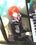  aozora_hayato artist_request curtains instrument male_focus necktie piano red_eyes red_hair solo starry_sky_(game) uniform window wings 