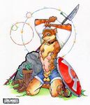  cat chris_goodwin feline magic male piercing polearm sheath shirt_lift solo spear undressing warrior 