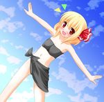 bandeau bikini blonde_hair blush bow day fang hair_bow hair_ribbon open_mouth outstretched_arms red_eyes ribbon rumia sarong short_hair sky solo strapless swimsuit touhou tubetop white_water 