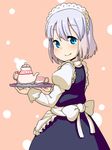  alternate_costume apron blue_eyes cup konpaku_youmu looking_at_viewer looking_back maid maid_headdress muku_(muku-coffee) simple_background smile solo tea_set teacup teapot touhou tray 