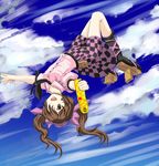  bad_id bad_pixiv_id black_legwear bow brown_eyes brown_hair cellphone checkered checkered_skirt cloud day dress_shirt geta hair_bow hat heart himekaidou_hatate long_hair necktie phone qontamblue shirt skirt socks solo tokin_hat touhou twintails upside-down 