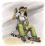  archaeologist cheetah feline female flint_knapping mishakun not_tribal sitting solo stool trella 