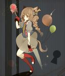  animal_ears bad_id bad_pixiv_id balloon braid brown_hair cat_ears cat_tail fork gloves hair_ribbon knife long_hair necktie original pink_eyes purintowswsp ribbon solo tail twin_braids 