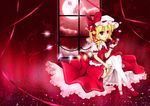  apple blonde_hair cloudy.r flandre_scarlet food fruit full_moon hat mary_janes moon red red_eyes shoes side_ponytail solo thighhighs touhou white_legwear wings 