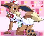  all_fours brown butt claws eevee female g-sun giftart hat looking_over_shoulder nurse panties pawpads pok&eacute;mon pok&eacute;morph red_eyes solo syringe tail underwear 