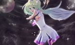  bad_id bad_pixiv_id bridal_gauntlets dress green_eyes green_hair hachipuyo hatsune_miku high_heels long_hair looking_back moon open_mouth outstretched_arms shoes sky solo spread_arms star_(sky) starry_sky twintails vocaloid 
