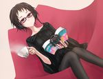  :&lt; black_legwear book brown_hair cup glasses headphones kazuoki original pantyhose purple_eyes short_hair solo sweater teacup 