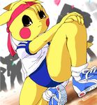  bandanna bloomers blush brown_eyes crouching ear_markings face_markings female g-sun kneeling outside pikachu pok&eacute;mon pok&eacute;morph public solo spread_legs spreading stretching yellow 