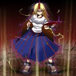  blonde_hair cuffs cup electricity horn hoshiguma_yuugi kasu_kazu long_hair red_eyes sakazuki sandals skirt solo touhou 