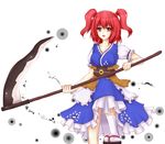  breasts hair_bobbles hair_ornament large_breasts onozuka_komachi open_mouth red_eyes red_hair scythe short_hair smile solo suikakitsu_shiro touhou two_side_up 