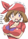  big_breasts blush breast_grab breast_hold breasts brown_hair chris_(mario) cleavage dated embarrassed haruka_(pokemon) large_breasts liar lies long_hair looking_at_viewer lowres open_mouth pokemon simple_background solo tsundere white_background 
