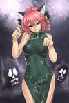  alternate_costume animal_ears bare_shoulders braid breasts cat_ears china_dress chinese_clothes curvy dress houtengeki kaenbyou_rin large_breasts paw_pose pink_hair red_eyes side_slit skull solo touhou twin_braids 