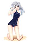  blush eyepatch highres infinite_stratos kneeling laura_bodewig one-piece_swimsuit red_eyes school_swimsuit silver_hair solo sukuna_(artist) swimsuit twintails 