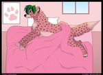  ayakashi bed blue cheetah chox choxy feline fluffy green hair melleh pink ritsuka sheets solo tail 