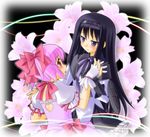  akemi_homura black_hair bow capelet dancing flower gloves hair_bow hairband holding_hands kaname_madoka lily_(flower) long_hair magical_girl mahou_shoujo_madoka_magica multiple_girls pink_eyes pink_hair purple_eyes shield shizuku-mahoroba short_twintails twintails white_gloves yuri 