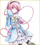  adapted_costume bad_id bad_pixiv_id bare_shoulders black_legwear blush colored_pencil_(medium) dress hairband heart isegawa_yasutaka komeiji_satori lace-up_sleeves millipen_(medium) pantyhose pink_eyes pink_hair shikishi sketch sleeves_past_wrists smile solo third_eye touhou traditional_media 