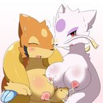  anthro big_breasts breast_milk breast_squish breasts breasts_frottage buizel female floatzel kify lactating lesbian looking_at_viewer micro mienfoo mienshao nintendo nipples plain_background pok&#233;mon pok&#233;morph pokemon size_difference video_games white_background 