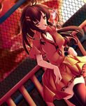  absurdres bad_id bad_pixiv_id black_legwear brown_eyes brown_hair chain-link_fence cigarette evening fence highres long_hair minakami_yuki nanahosi_seiiki necktie ponytail smoking solo subarashiki_hibi thighhighs 