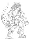  belt biceps black-rat breasts clothing dinosaur ears eyes female greyscale horn horns keanon_woods monochrome muscles muscular_female nose pants scalie shirt socks tachariage tail teeth torn_clothing transformation 