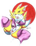  2004 anus breasts canine chest_tuft digimon female fingering fox looking_at_viewer masturbation nipple_piercing nipples piercing purple pussy renamon sawblade solo spread_legs spreading stockings three-fingered yellow 