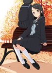  autumn bench black_hair blush from_behind leaf long_sleeves multiple_girls nanahime original plantar_flexion school_uniform serafuku sitting tree 