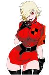  black_legwear blonde_hair breasts cleavage dress gloves hellsing large_breasts miniskirt miwa_hitomi red_eyes seras_victoria short_dress short_hair skirt solo thigh_gap thighhighs uniform zettai_ryouiki 