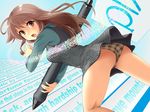  :o ass bare_legs brown_eyes brown_hair from_behind kneepits long_hair looking_back oversized_object panties pixiv plaid plaid_panties regdic solo stylus surprised thighs underwear upskirt 
