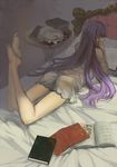  alternate_costume ass bare_legs bare_shoulders barefoot bed book charimei feet from_behind hat hat_removed headwear_removed hime_cut kirisame_marisa legs legs_up long_hair lying nightgown on_stomach patchouli_knowledge pentagram photo_(object) purple_hair reading see-through shade solo strap_slip the_pose touhou very_long_hair 