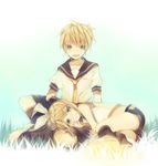  1girl blonde_hair blue_eyes boots bow brother_and_sister crossed_legs detached_sleeves grass hair_bow heca kagamine_len kagamine_rin lying midriff name_tag necktie open_mouth ponytail school_uniform serafuku short_hair shorts siblings sitting twins vocaloid yellow_neckwear 
