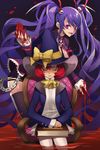  blood book chain chair closed_eyes dalraeya hat long_hair lowres multiple_girls pink_eyes pool_of_blood purple_hair red_hair short_hair sitting sword_girls thighhighs twintails undertaker_(sword_girls) witch witch_hat 