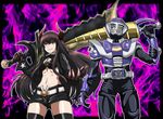  1girl banboro_(technobot) belt bikini_top black_gold_saw black_rock_shooter crossover horns kamen_rider kamen_rider_ouja kamen_rider_ryuki_(series) king_saw midriff navel sword weapon 