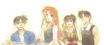  2girls blue_eyes bow bowtie brown_eyes brown_hair cup family lyrical_nanoha mahou_shoujo_lyrical_nanoha multiple_boys multiple_girls newspaper open_mouth red_hair simple_background sleeves_rolled_up smile takamachi_kyouya takamachi_miyuki takamachi_momoko takamachi_shirou takana teacup towel tray 