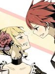  1girl bad_id bad_pixiv_id beatrice blue_eyes blush choker cup fang flower formal hair_bun hair_flower hair_ornament mimoza necktie red_hair rivalry short_hair tea umineko_no_naku_koro_ni ushiromiya_battler 