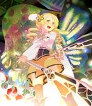  beret blonde_hair drill_hair flower gertrud_(madoka_magica) gozaemon gun hat highres light magical_musket mahou_shoujo_madoka_magica open_mouth outstretched_arm puffy_sleeves red_flower red_rose rifle rose short_hair solo thighhighs tomoe_mami twintails weapon witch's_labyrinth yellow_eyes 