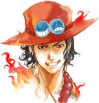  black_hair face fire freckles grin hat jewelry kazaana male_focus necklace one_piece portgas_d_ace realistic smile solo 