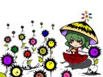  ascot bad_id bad_pixiv_id blush_stickers c.n.c. chibi flower green_hair kazami_yuuka parasol plaid plaid_skirt plaid_vest red_eyes ringed_eyes short_hair simple_background skirt skirt_set skull smile solo sunflower touhou umbrella vest 