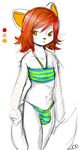  amber_eyes bulge crossdressing cute fox_tail freckles girly hair male pointy_ears red_hair short_hair short_red_hair skimpy solo speedo spots standing tail underwear white young 